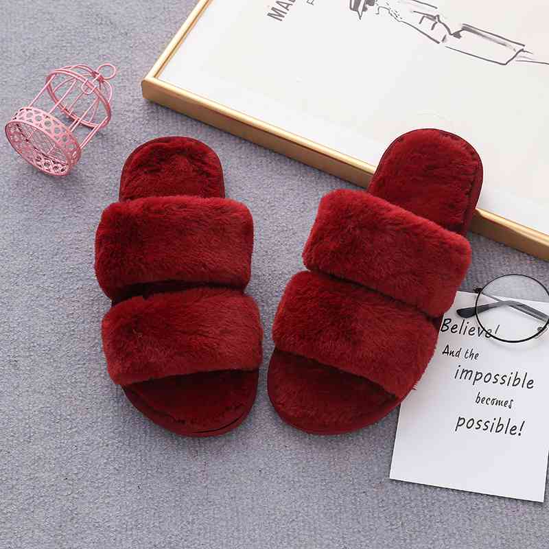 Faux Fur Double Strap Slippers