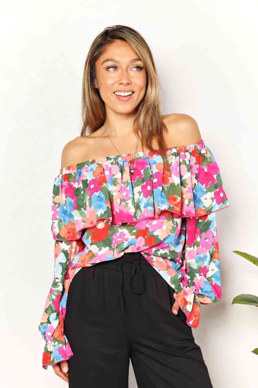 Double Take Floral Off-Shoulder Flounce Sleeve Layered Blouse